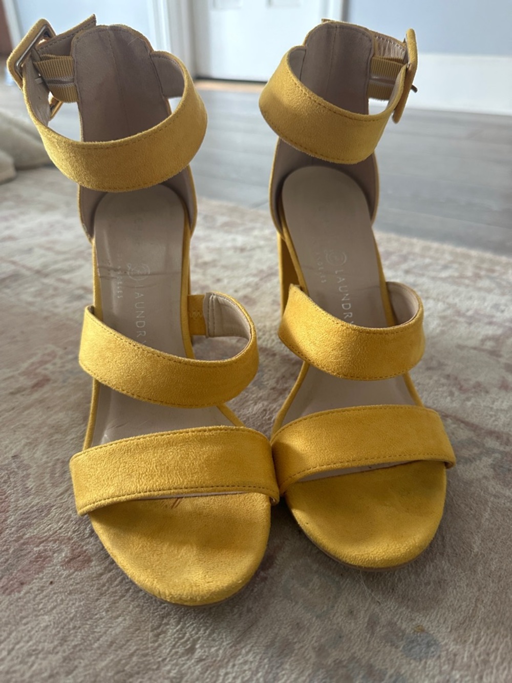 Laundry by Shelli Segal Mustard Yellow Suede Triple-Strap Block Heels